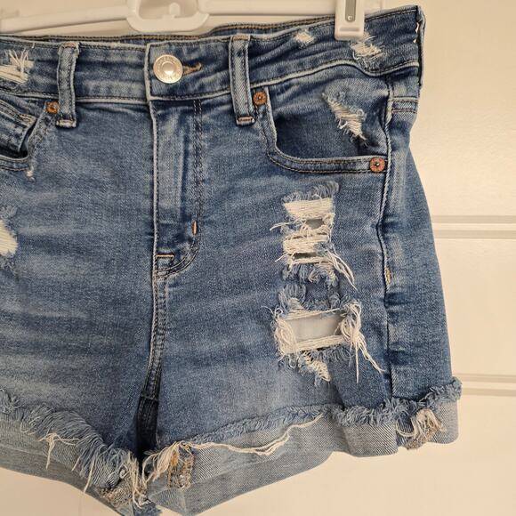 American Eagle "Hi-Rise Shortie" Destructed Distressed Jean Shorts | Size 4 - Picture 4 of 10